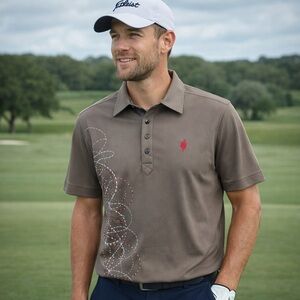 Galvin Green Golf Polo Shirt Men's Medium Taupe Performance Swedish PGA Logo